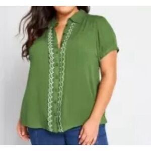 ModCloth‎ Green Button Front Top Womans Size Large All About Scallops Cap Sleeve